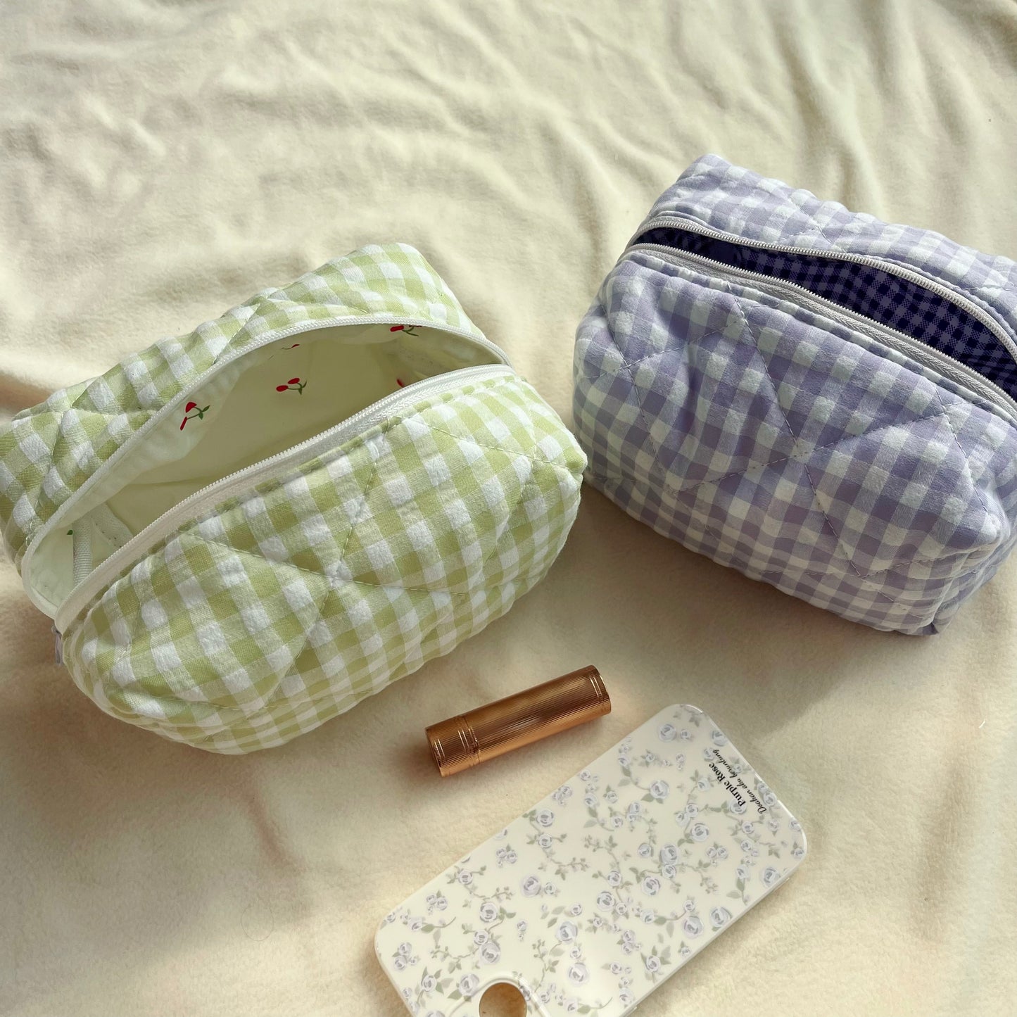 Green/purple gingham quilted makeup bag,Bridesmaid gift, Wedding gift, Gift for her