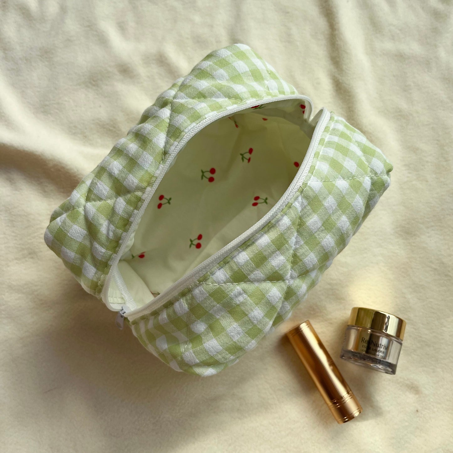 Green/purple gingham quilted makeup bag,Bridesmaid gift, Wedding gift, Gift for her