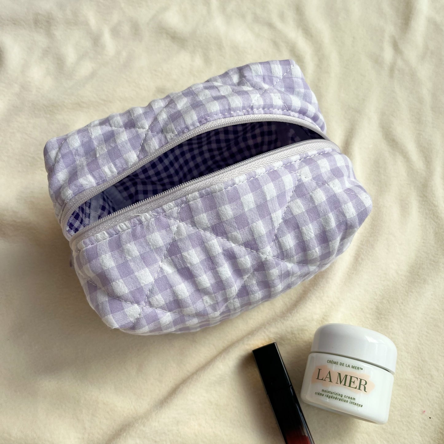 Green/purple gingham quilted makeup bag,Bridesmaid gift, Wedding gift, Gift for her