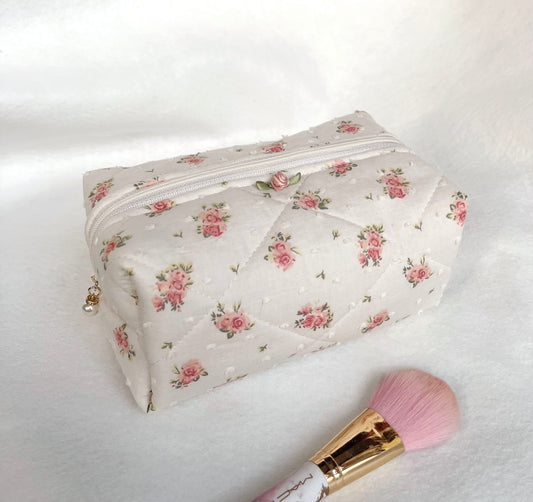 Handmade quilted makeup bag in pink floral with pink gingham lining, Cosmetic bag, Bridesmaid gift