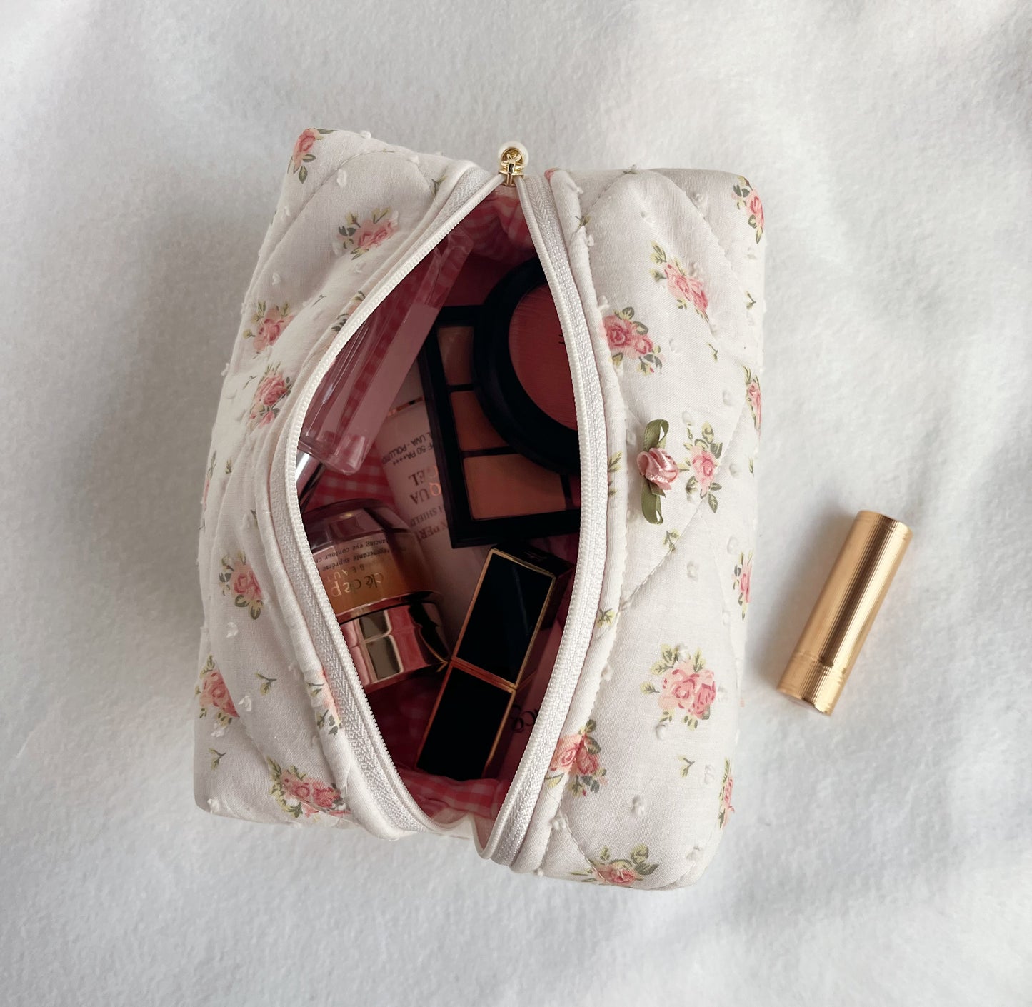 Handmade quilted makeup bag in pink floral with pink gingham lining, Cosmetic bag, Bridesmaid gift
