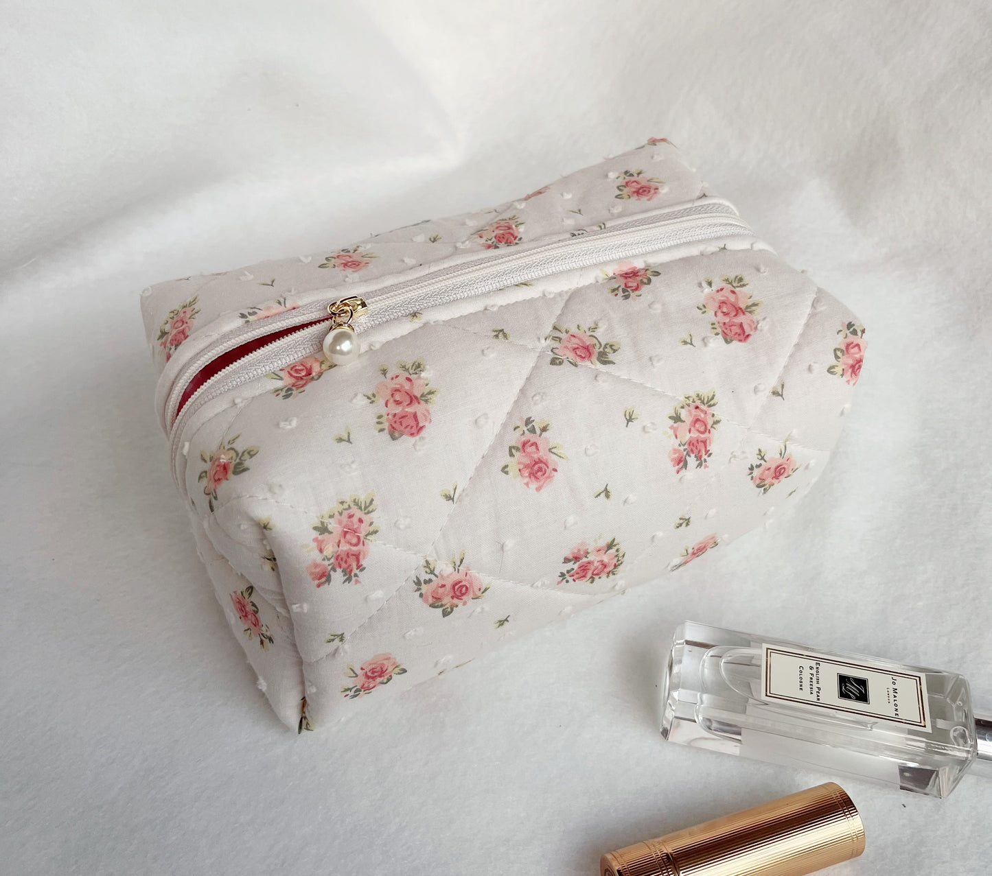 Handmade quilted makeup bag in pink floral with pink gingham lining, Cosmetic bag, Bridesmaid gift