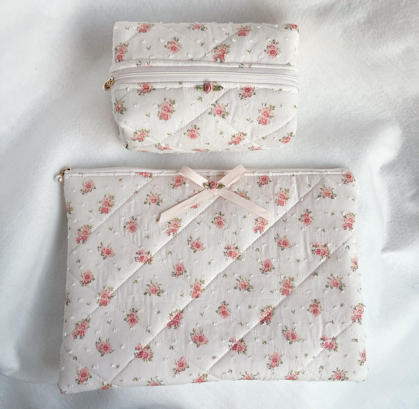Handmade quilted makeup bag in pink floral with pink gingham lining, Cosmetic bag, Bridesmaid gift