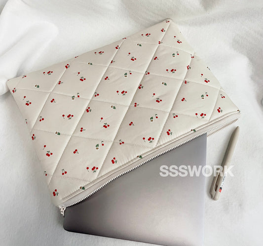 Handmade quilted Laptop Sleeve, Quilted iPad Pouch, Cherry with Green gingham lining laptop bag