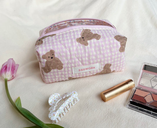 Pink cute bear handmade quilted makeup bag , Cosmetic bag, Gift for her, Bridesmaid gifts
