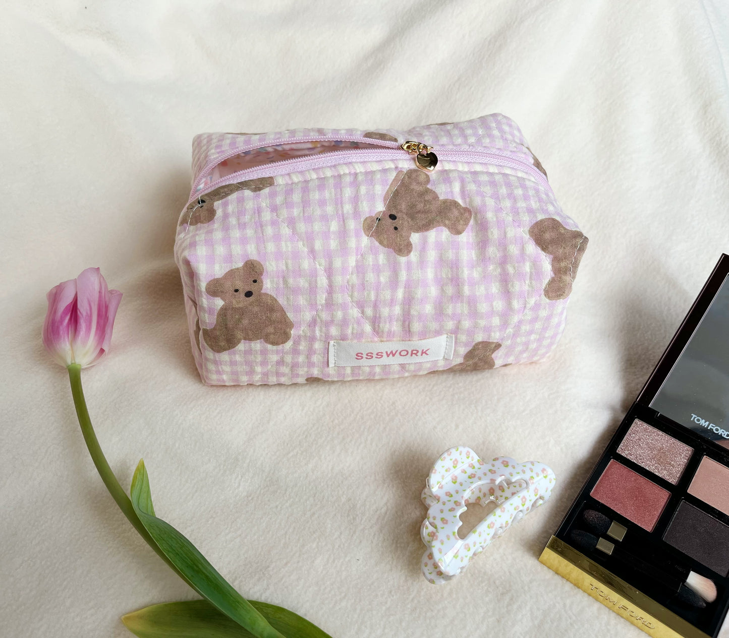 Pink cute bear handmade quilted makeup bag , Cosmetic bag, Gift for her, Bridesmaid gifts