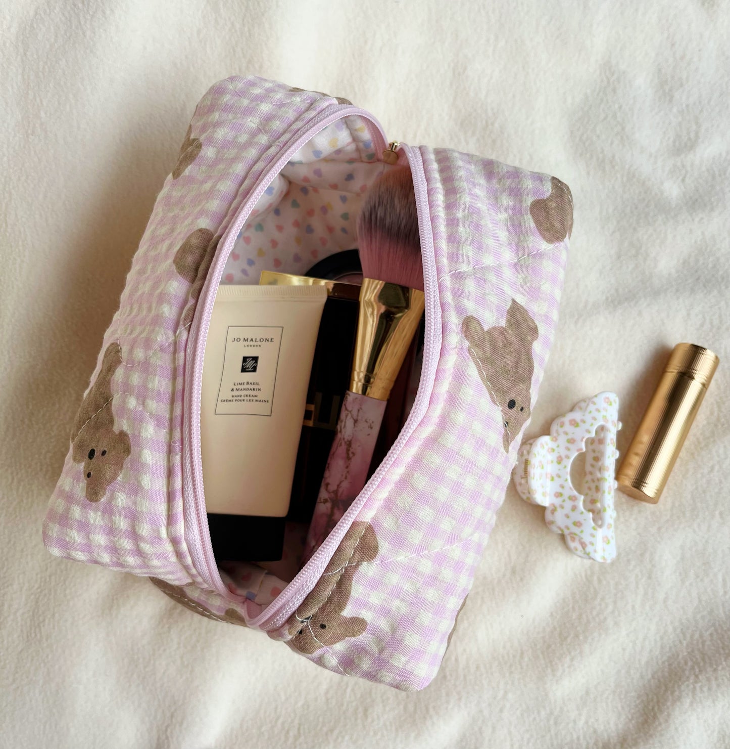 Pink cute bear handmade quilted makeup bag , Cosmetic bag, Gift for her, Bridesmaid gifts
