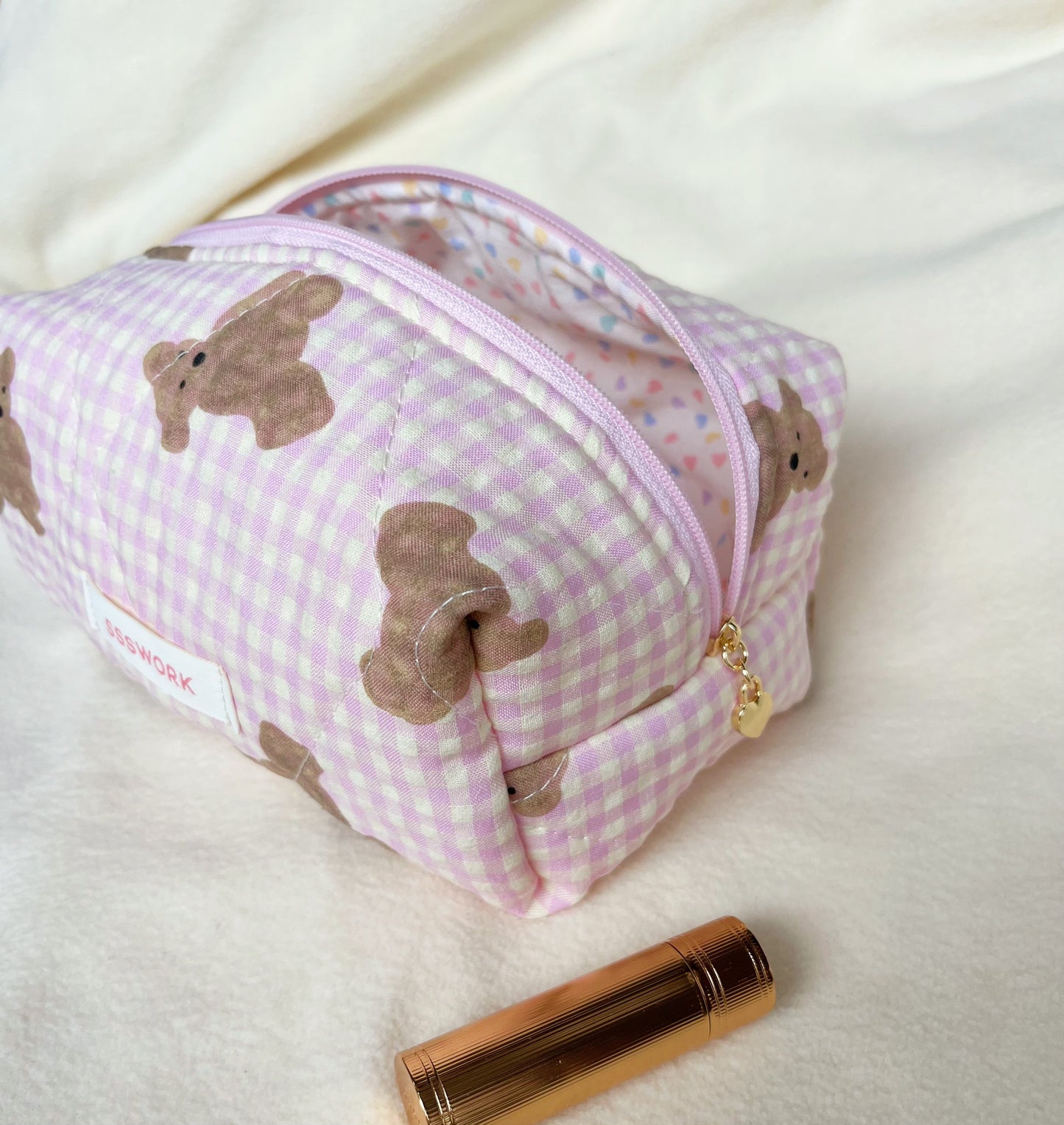 Pink cute bear handmade quilted makeup bag , Cosmetic bag, Gift for her, Bridesmaid gifts