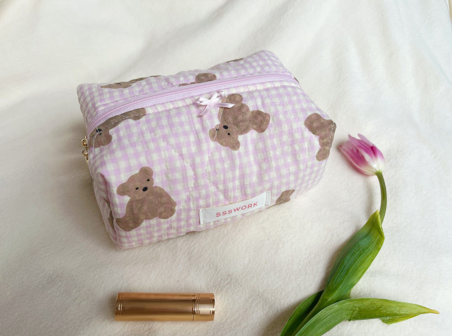 Pink cute bear handmade quilted makeup bag , Cosmetic bag, Gift for her, Bridesmaid gifts