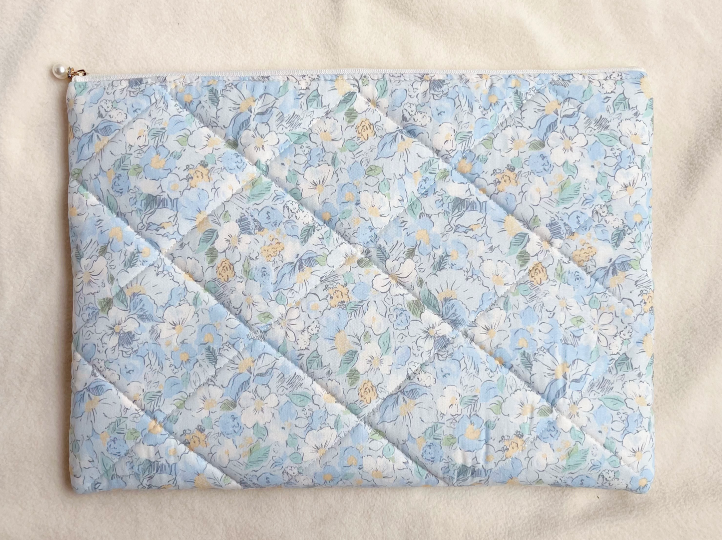 Blue Floral Handmade Quilted Laptop Sleeve, Quilted iPad Pouch