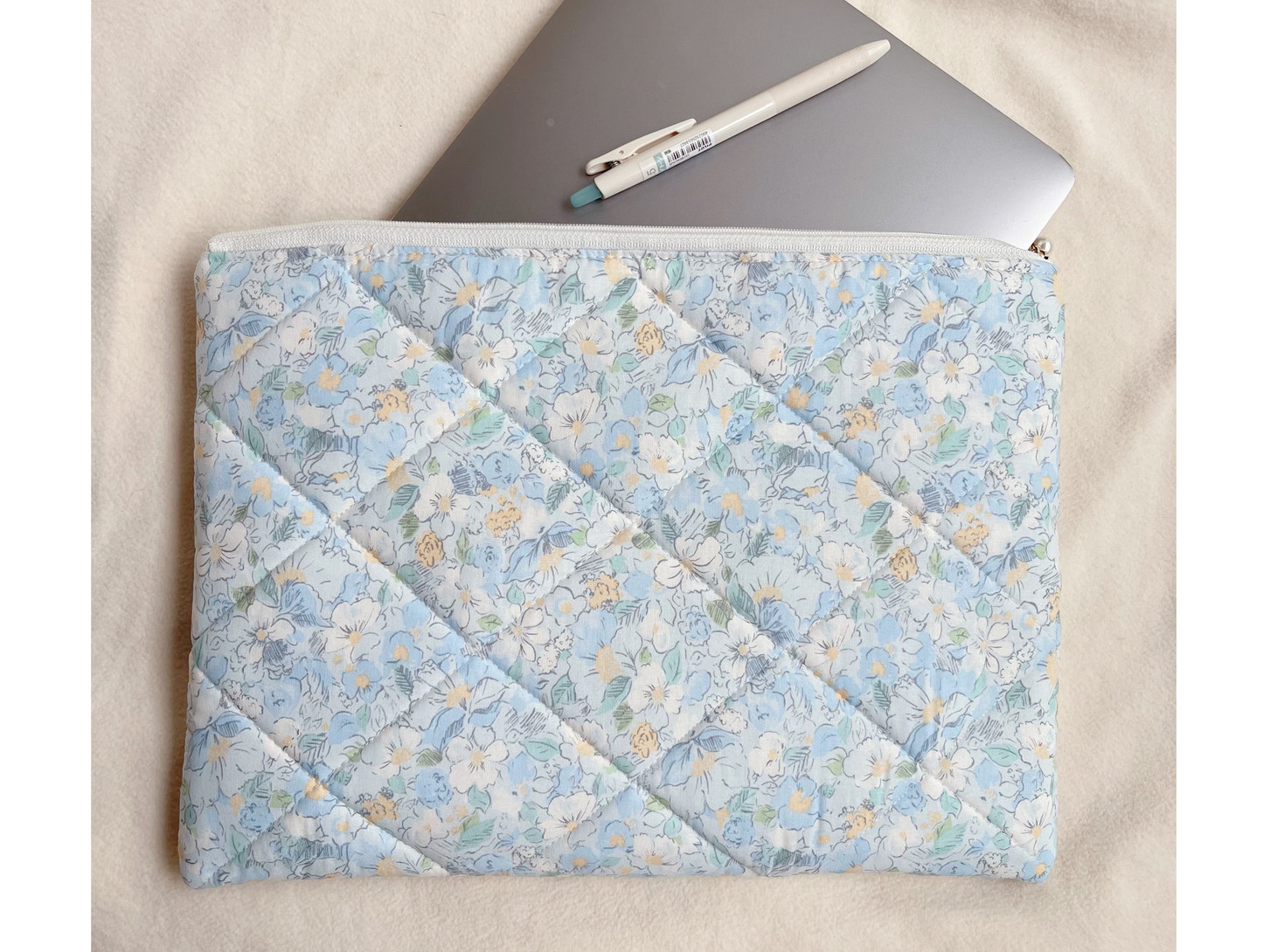 Blue Floral Handmade Quilted Laptop Sleeve, Quilted iPad Pouch
