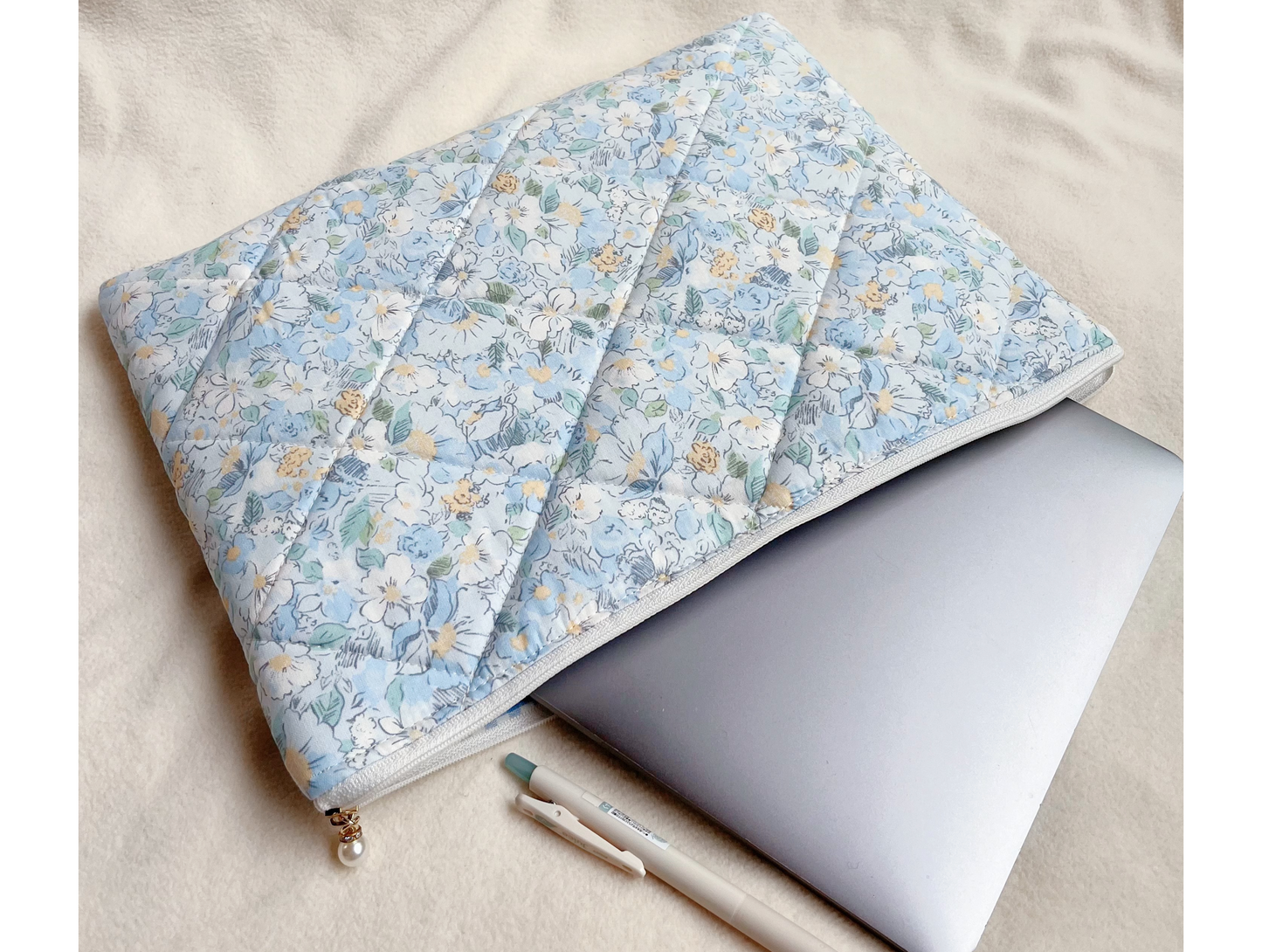 Blue Floral Handmade Quilted Laptop Sleeve, Quilted iPad Pouch