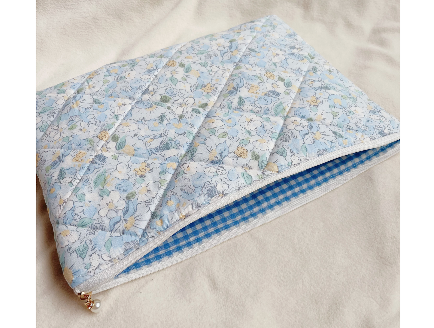 Blue Floral Handmade Quilted Laptop Sleeve, Quilted iPad Pouch