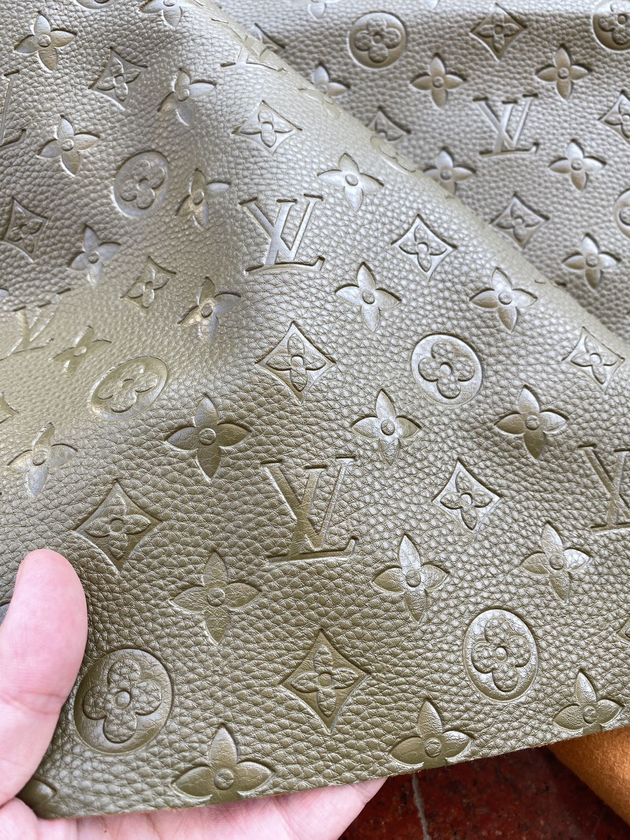Olive Green Soft Embossed Louis Vuitton Leather Designer Fabric