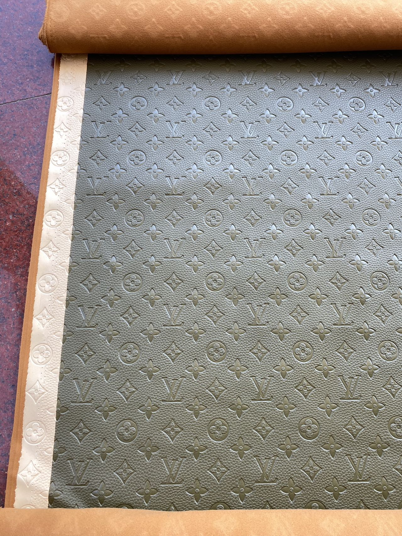 Olive Green Soft Embossed Louis Vuitton Leather Designer Fabric