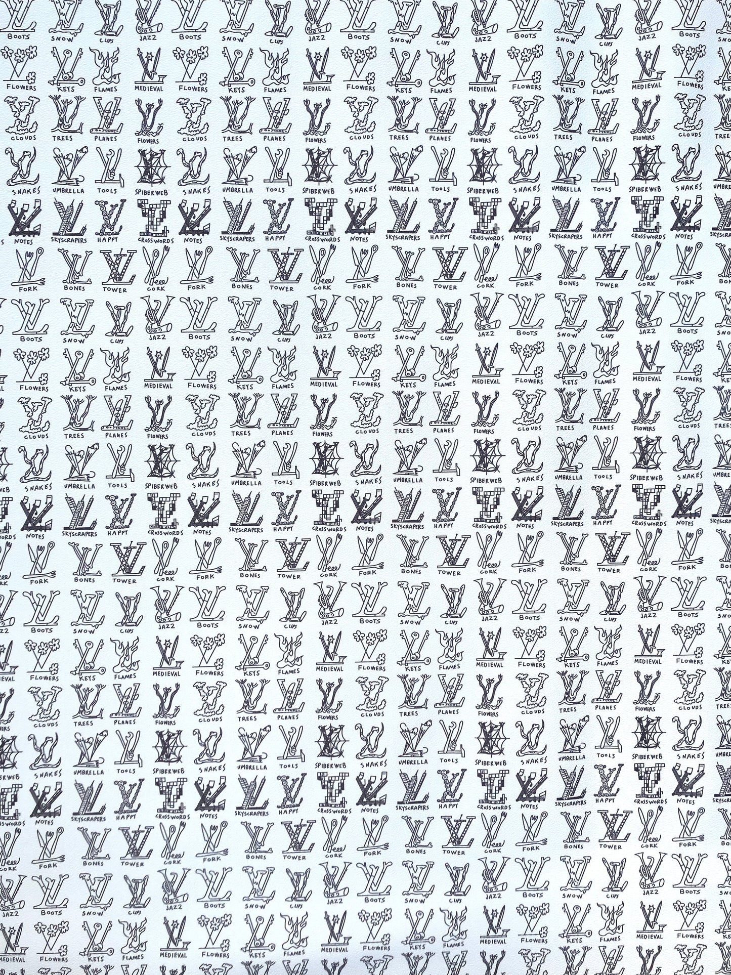 Custom Hand painted Casual LV Doodle Vinyl Leather Fabric for DIY Bag Upholstery