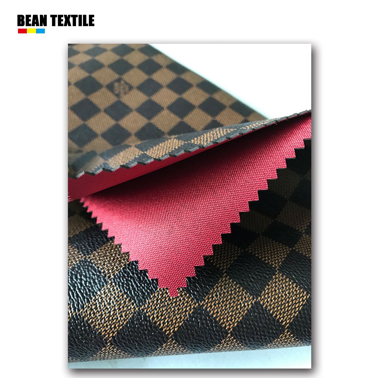 Brown LV vinyl Damier check pattern leather fabric by yard for wallet