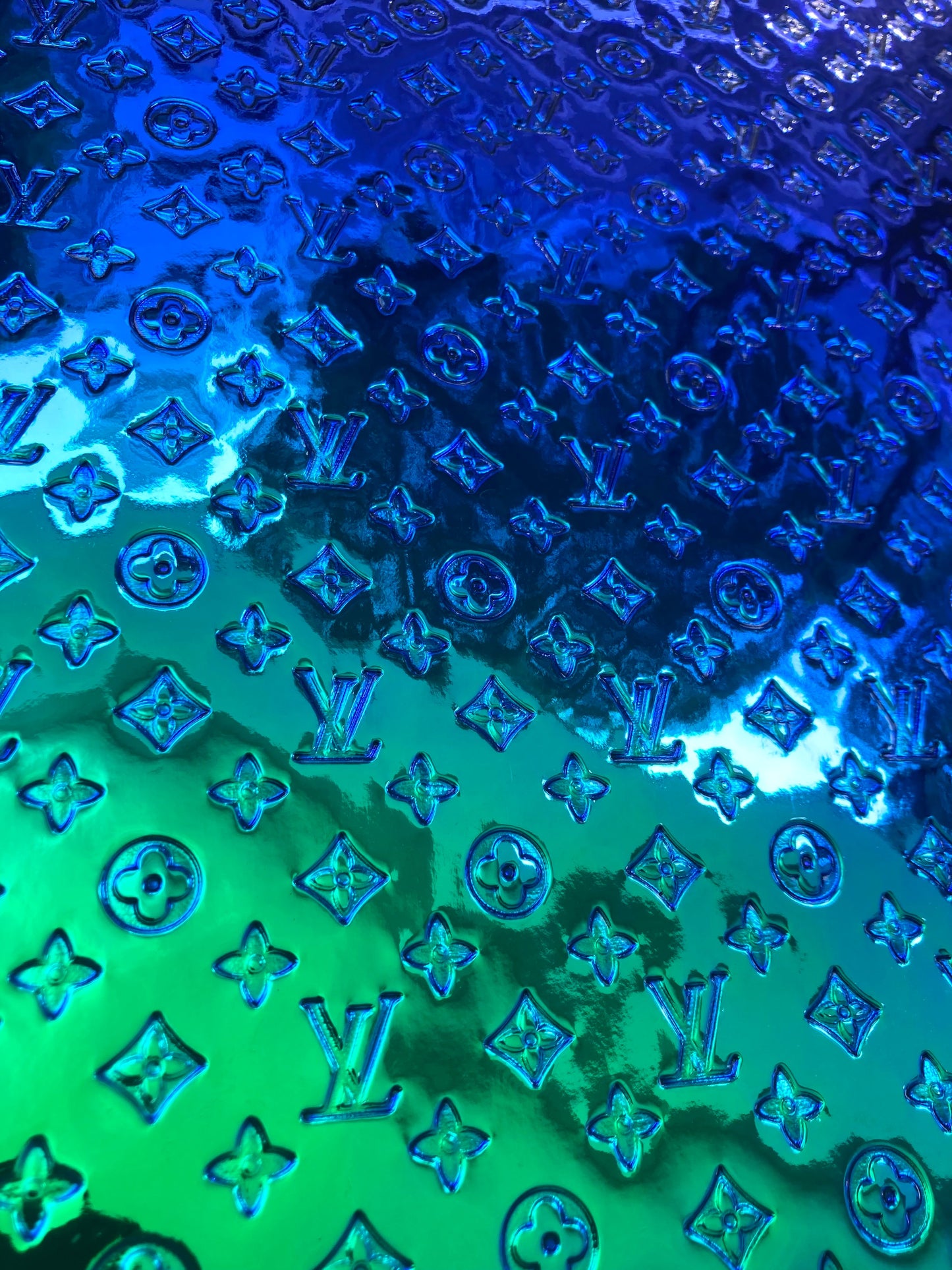 Blue Green Mirror Surface Embossed LV Vinyl Leather