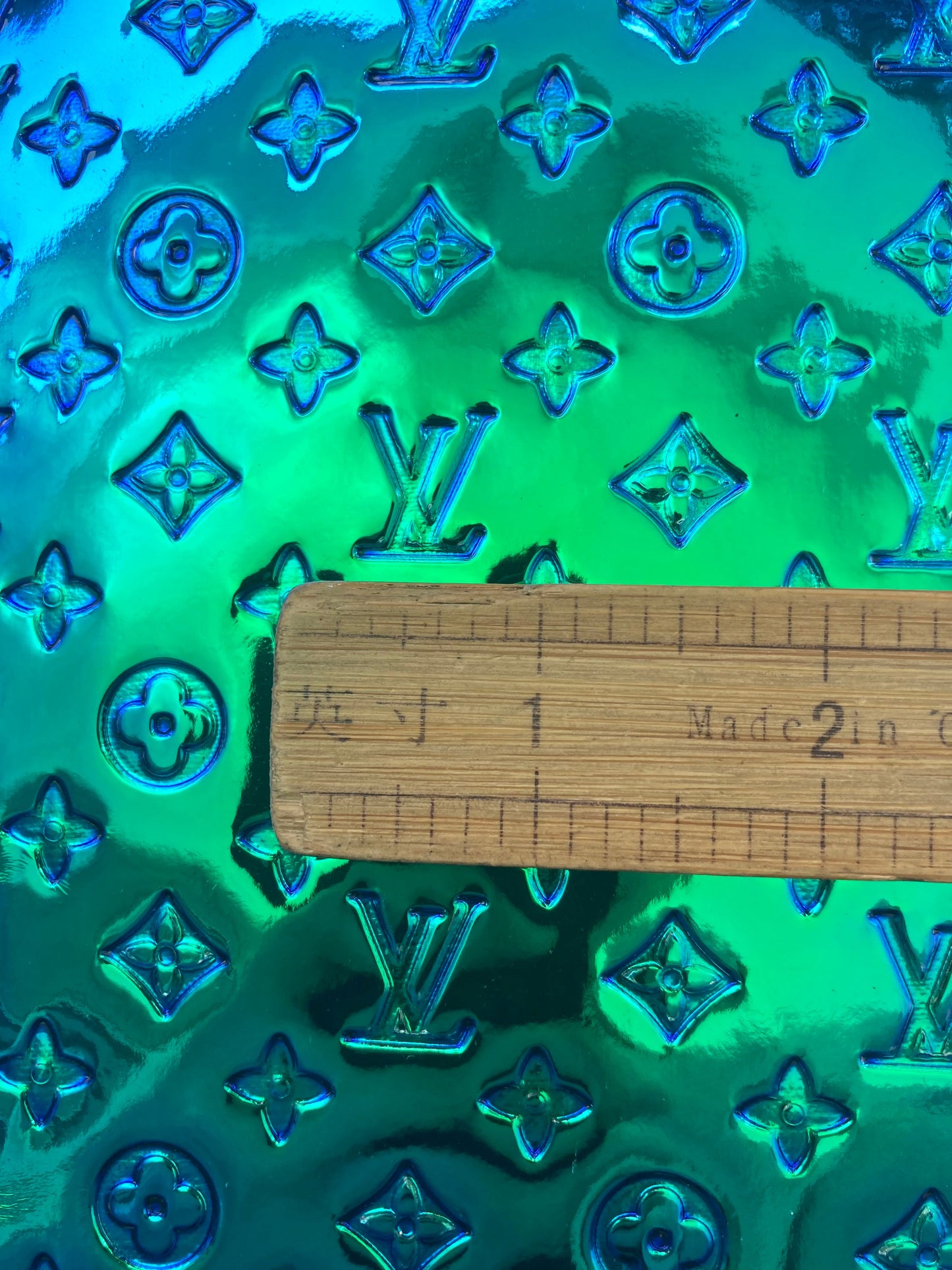 Blue Green Mirror Surface Embossed LV Vinyl Leather