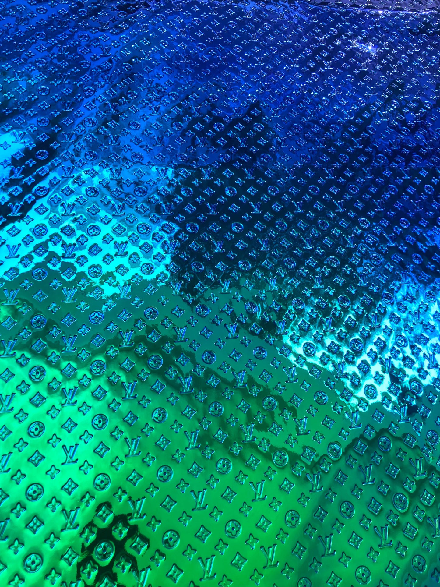 Blue Green Mirror Surface Embossed LV Vinyl Leather