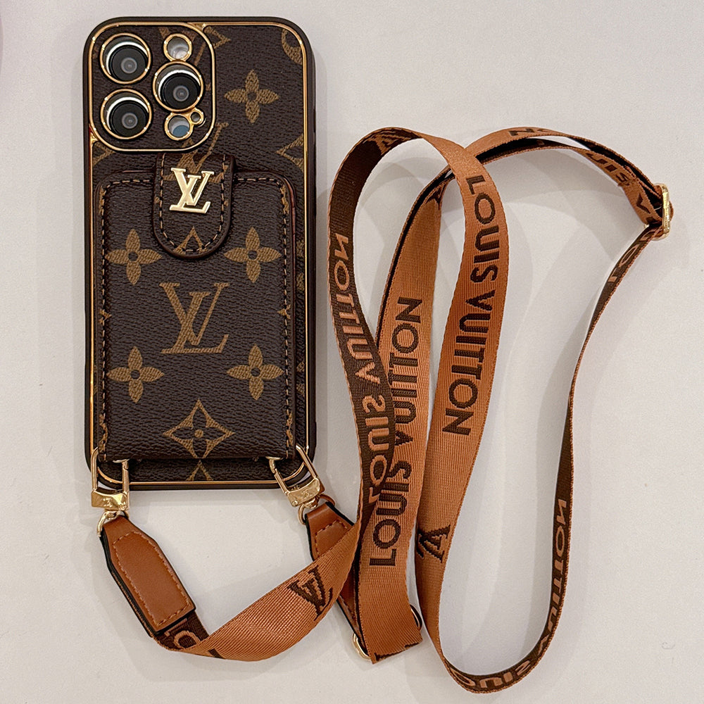 Luxury Brand Louis Vuitton iPhone Case with Leather Card Holder with Strap