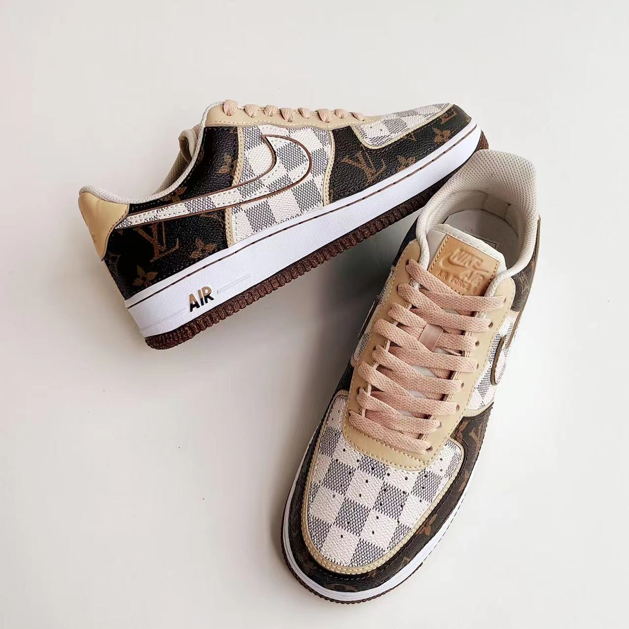 Brown Full LV Leather Air Force One Custom Sneaker for Woman