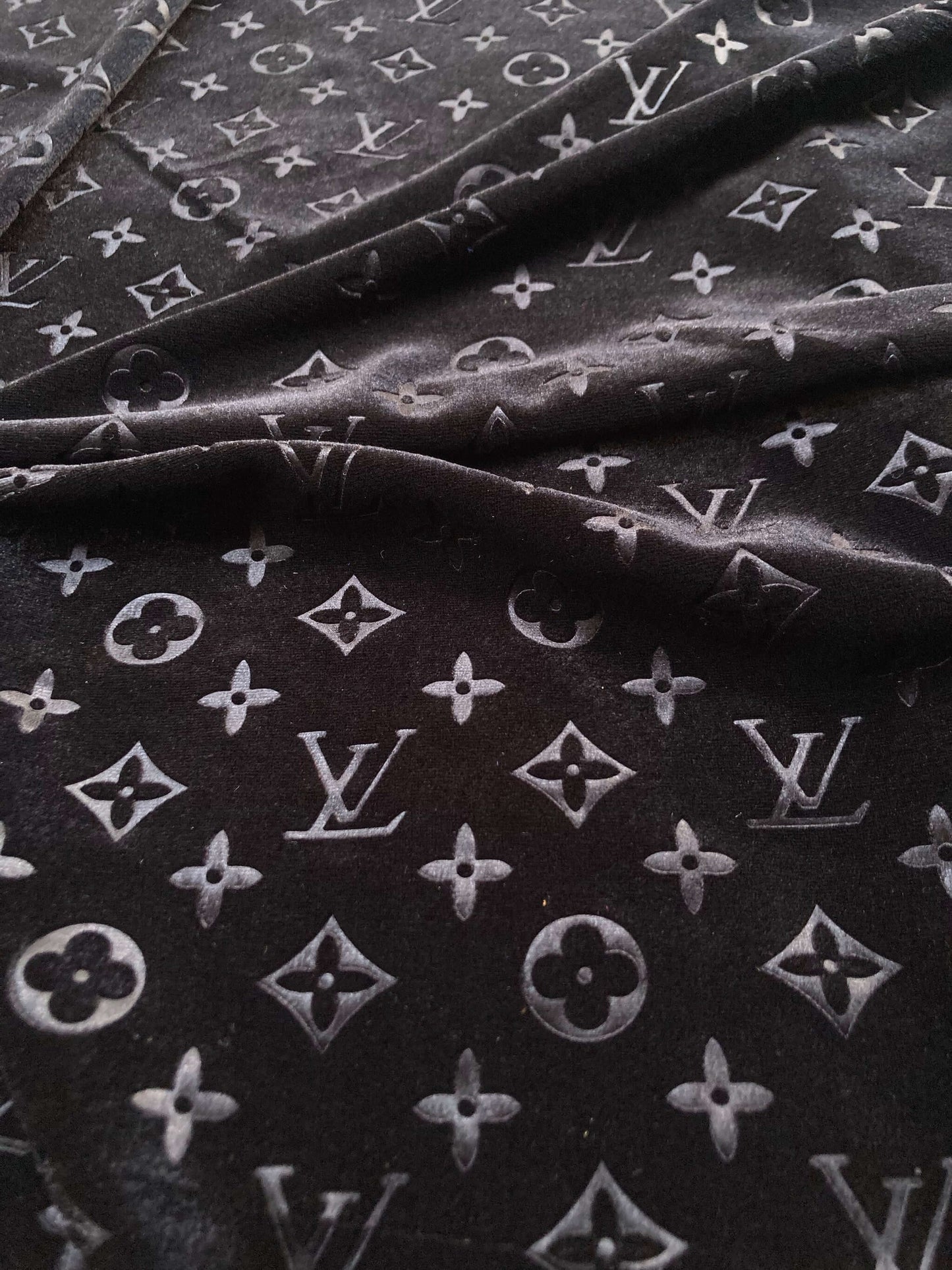 Black LV Velvet Designer Fabric for Sneakers Crafts DIY Sewing Projects