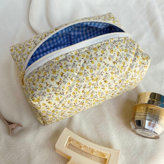 Quilted makeup bag in yellow floral with blue gingham lining, Cosmetic bag, Gift for her