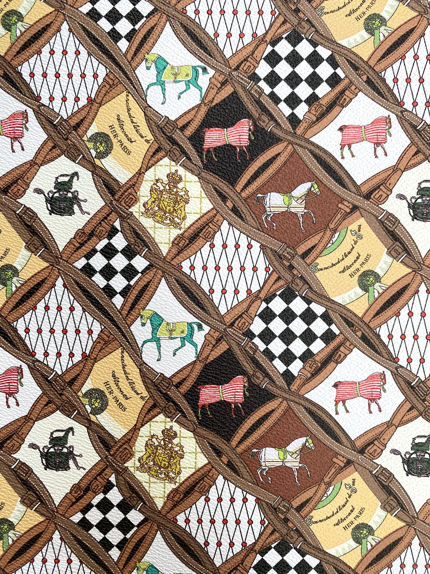 Hermes Horse Designer Scarf Pattern Leather Fabric for Handmade DIY Crafts