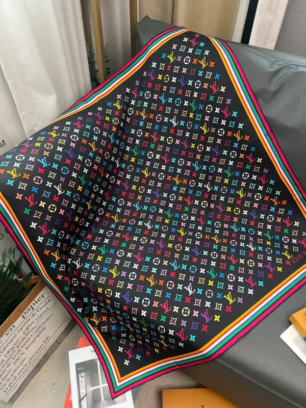 10 Styles of LV Silk Scarves: Rainbow Vibrant & Vintage Elegant Signature Prints (90×90cm)