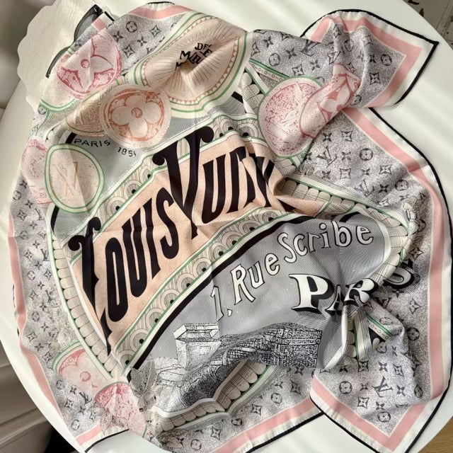10 Styles of LV Silk Scarves: Rainbow Vibrant & Vintage Elegant Signature Prints (90×90cm)