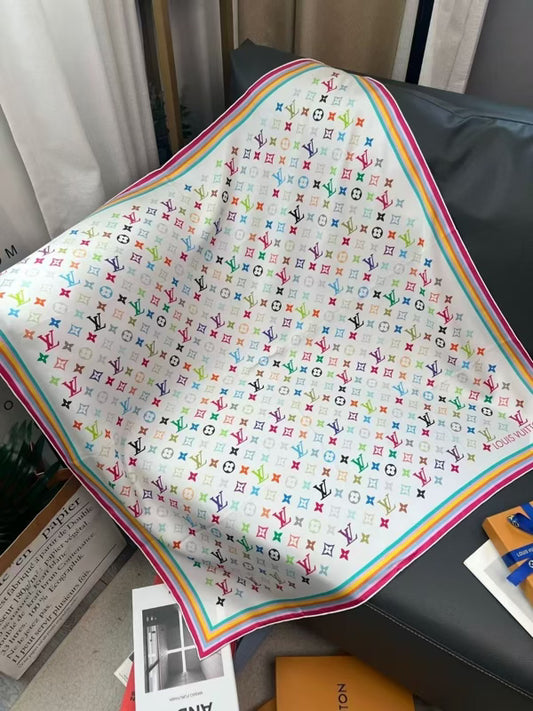 10 Styles of LV Silk Scarves: Rainbow Vibrant & Vintage Elegant Signature Prints (90×90cm)