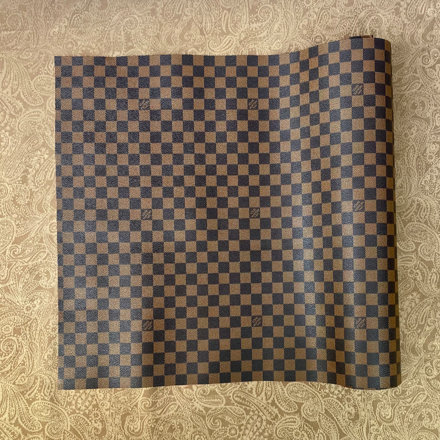 Brown LV vinyl Damier check pattern faux leather fabric by yard