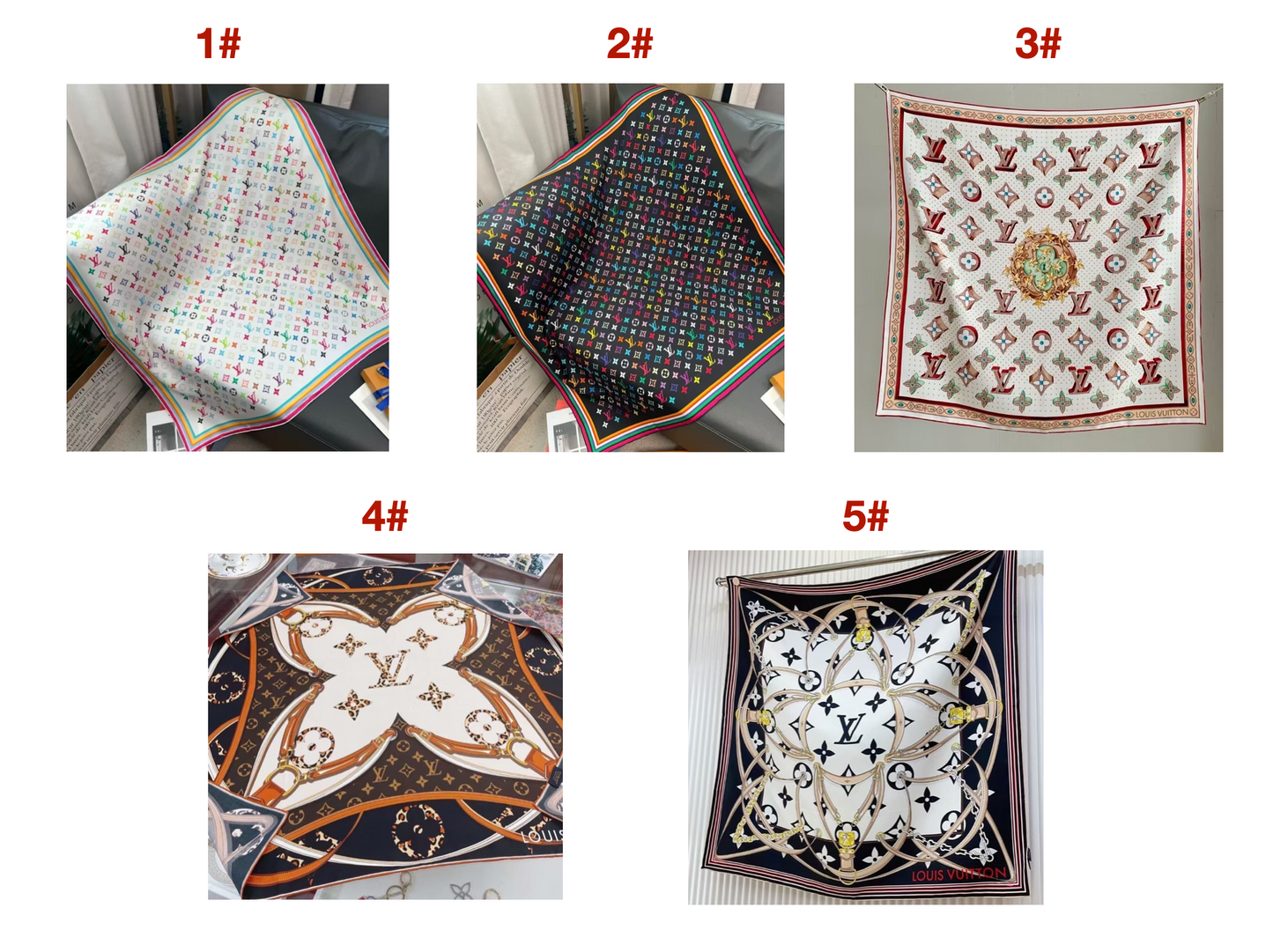 10 Styles of LV Silk Scarves: Rainbow Vibrant & Vintage Elegant Signature Prints (90×90cm)