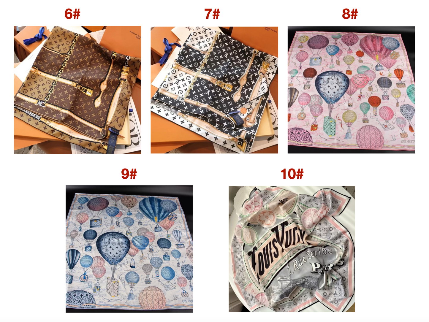 10 Styles of LV Silk Scarves: Rainbow Vibrant & Vintage Elegant Signature Prints (90×90cm)