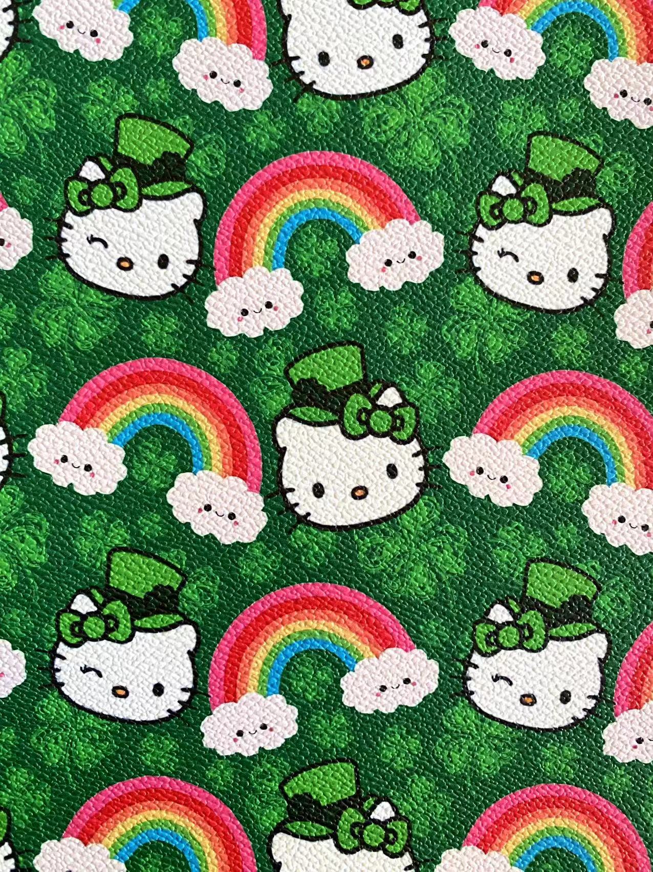 Hello Kitty Cartoon Custom Vinyl Faux Leather Fabric St. Patrick's Day