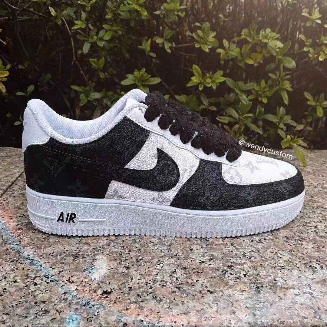 Black White Grey Classic Monogram LV Custom Sneakers Air Force One for Woman