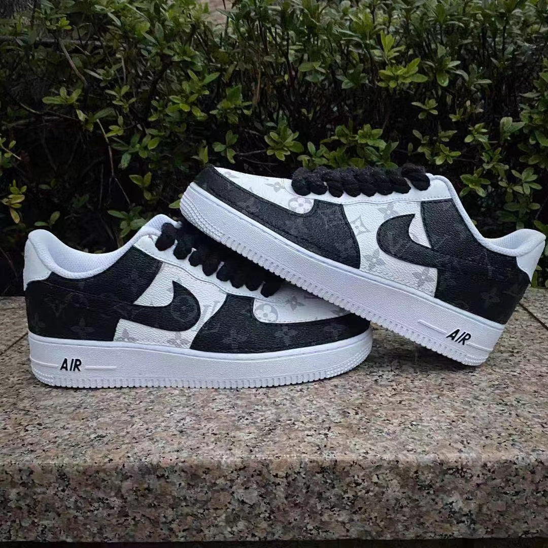 Black White Grey Classic Monogram LV Custom Sneakers Air Force One for Woman