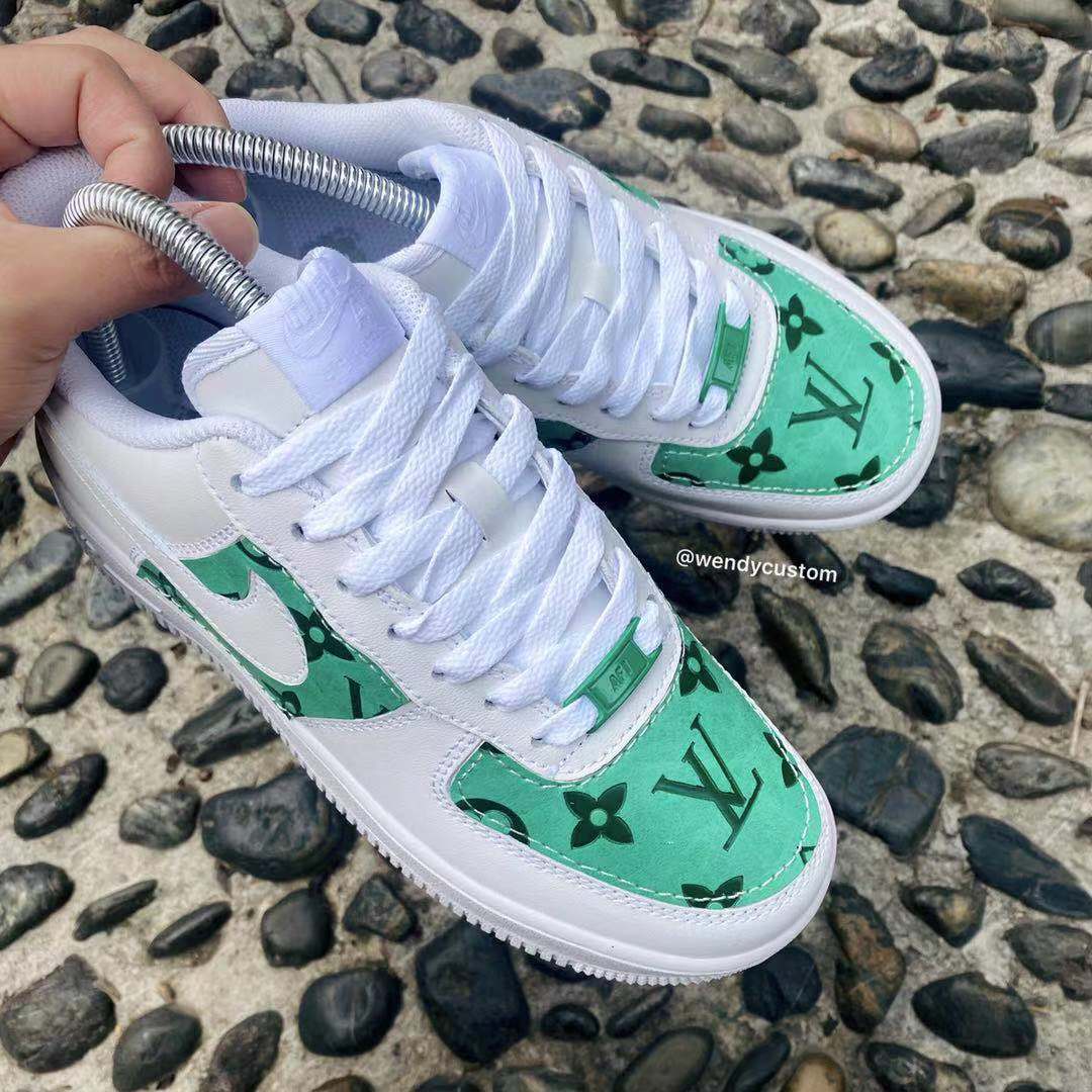 Vintage Green Embossed LV Custom Air Force One Sneakers for Man
