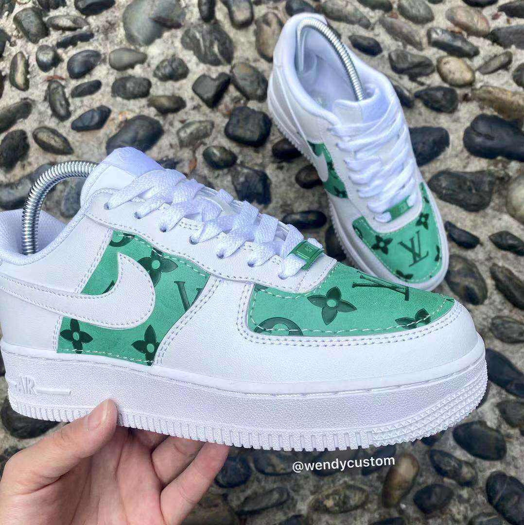 Vintage Green Embossed LV Custom Air Force One Sneakers for Man