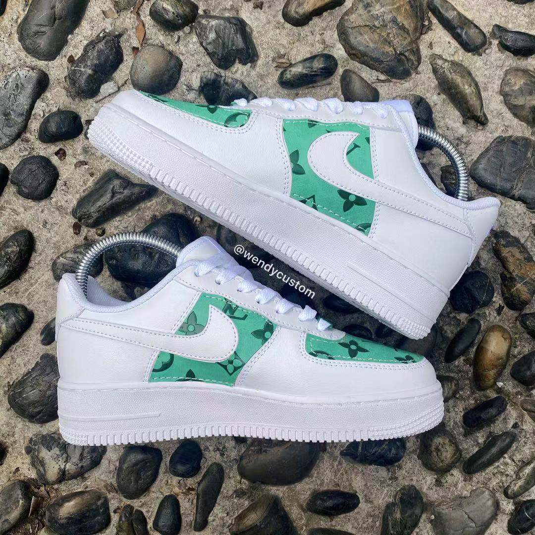Vintage Green Embossed LV Custom Air Force One Sneakers for Man