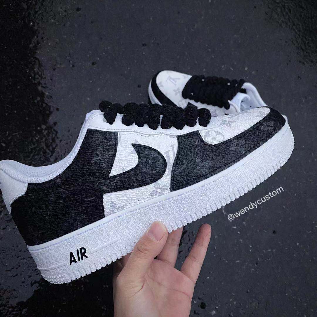 Black White Grey Classic Monogram LV Custom Sneakers Air Force One for Woman
