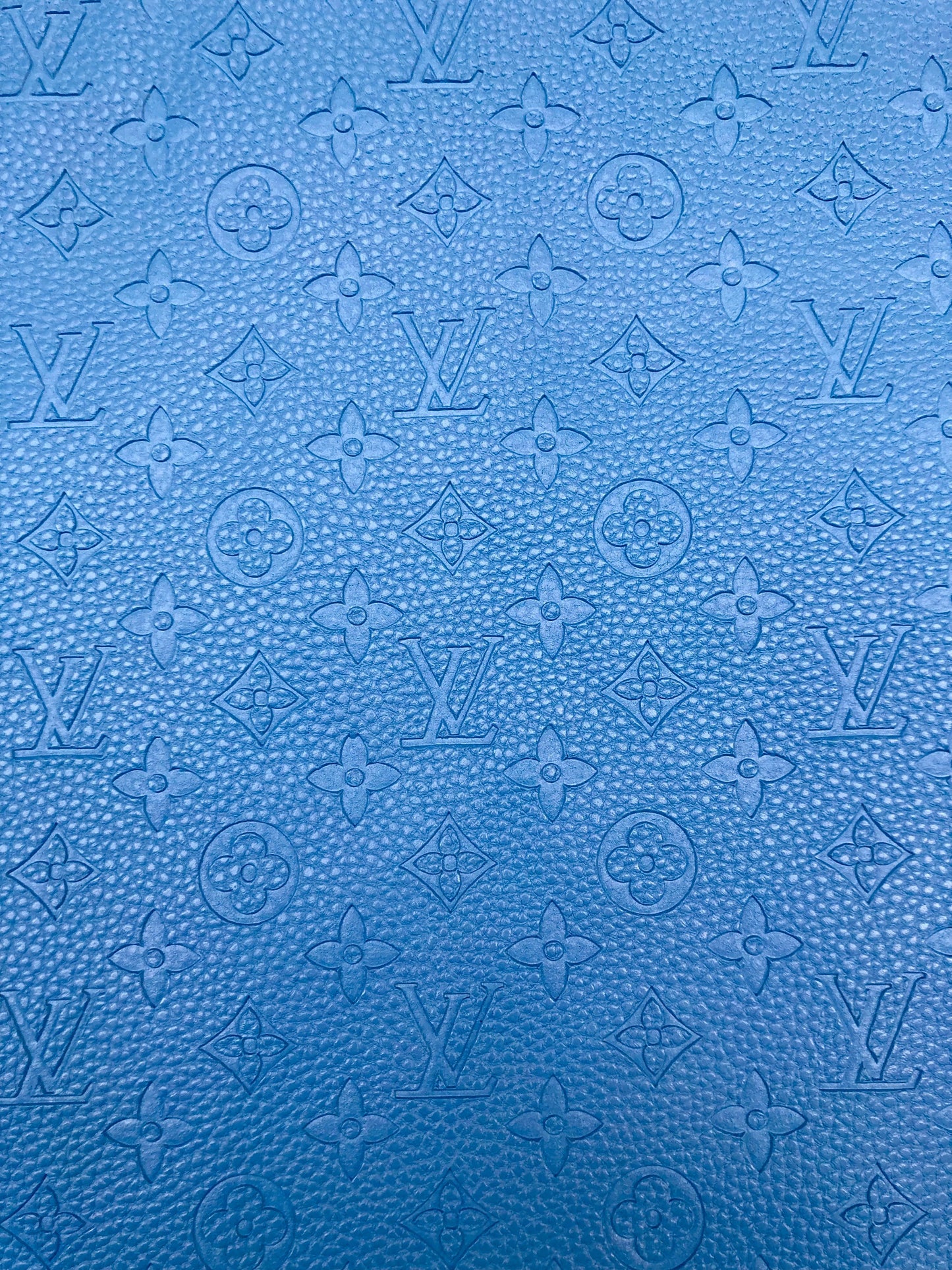 Handmade Baby Blue Embossed LV Leather Fabric for Custom Crafts Upholstery