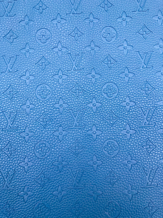 Handmade Baby Blue Embossed LV Leather Fabric for Custom Crafts Upholstery