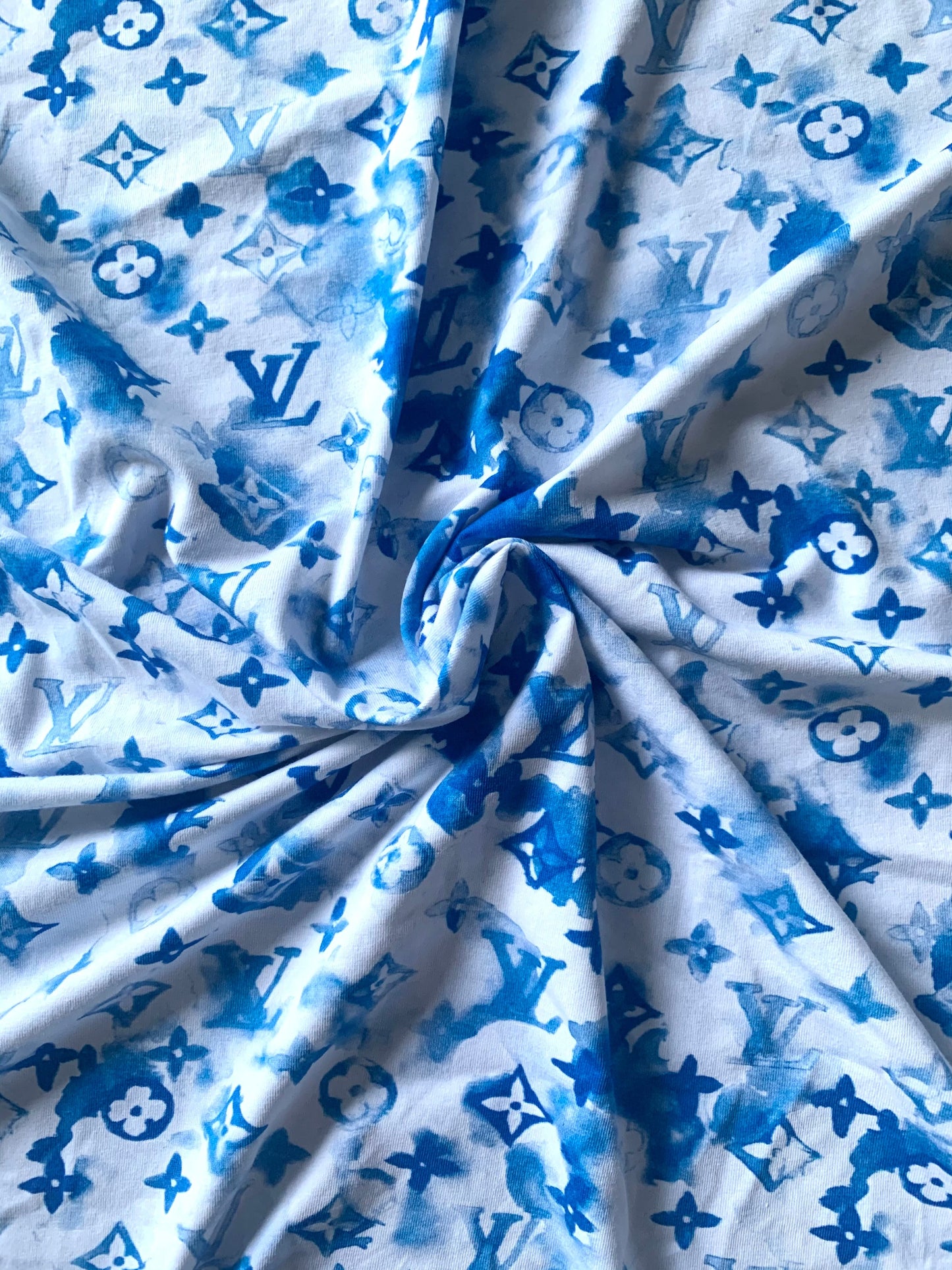 Stretchy Blue Watercolor LV Cotton Fabric for T-Shirt