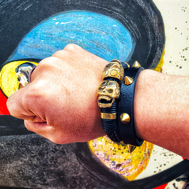 Double Skull Leather Bracelet