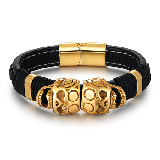 Double Skull Leather Bracelet